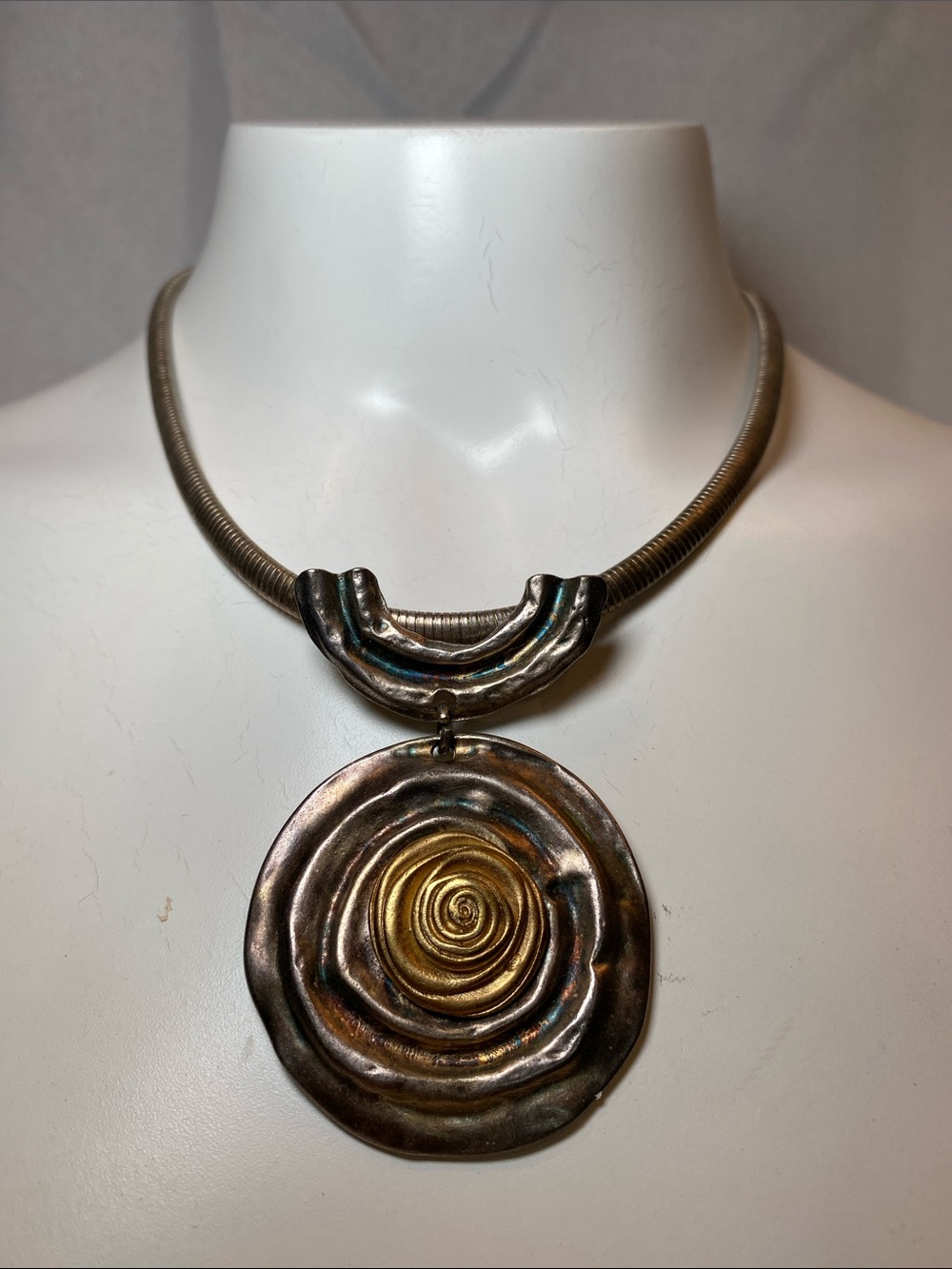 Vintage 90s Artisan Pendant Necklace Gold & Oxidized Silver, Signed Norma Jean